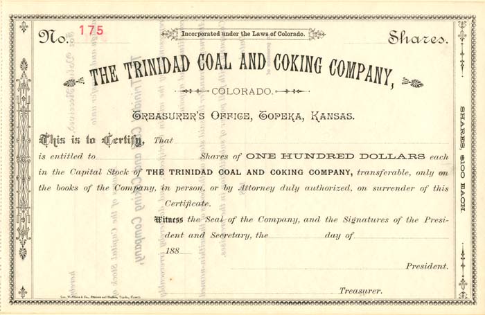 Trinidad Coal and Coking Co. - Stock Certificate - Branch Company of the Atchison Topeka Santa Fe Railway